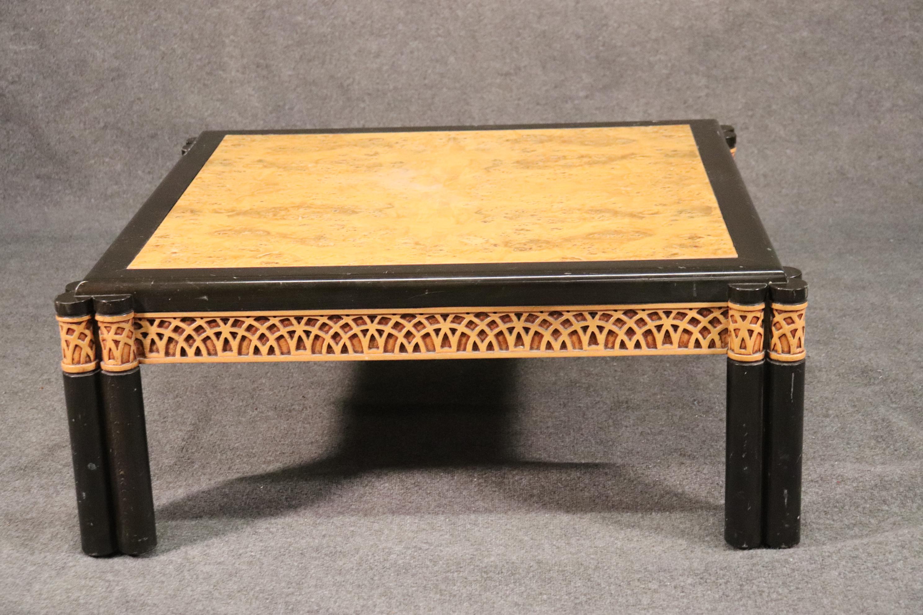 Late 20th Century Square Burled Olivewood Ebonized Faux Bamboo Style Coffee Cocktail Table