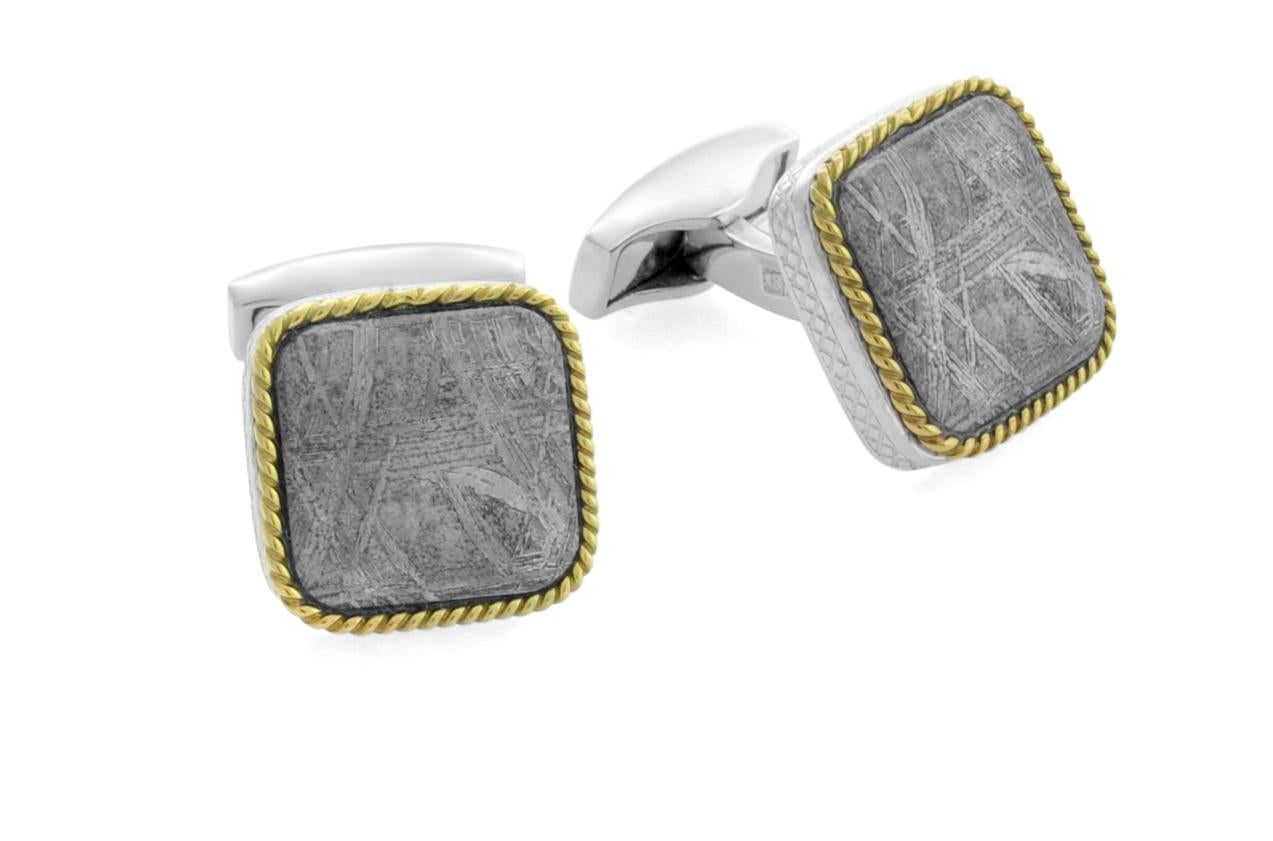 Women's or Men's Square Cable Meteorite Cufflinks in Silver with 18 Karat Gold 'Limited Edition' For Sale