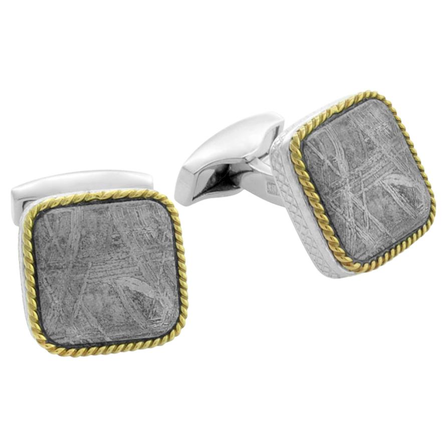 Square Cable Meteorite Cufflinks in Silver with 18 Karat Gold 'Limited Edition' For Sale