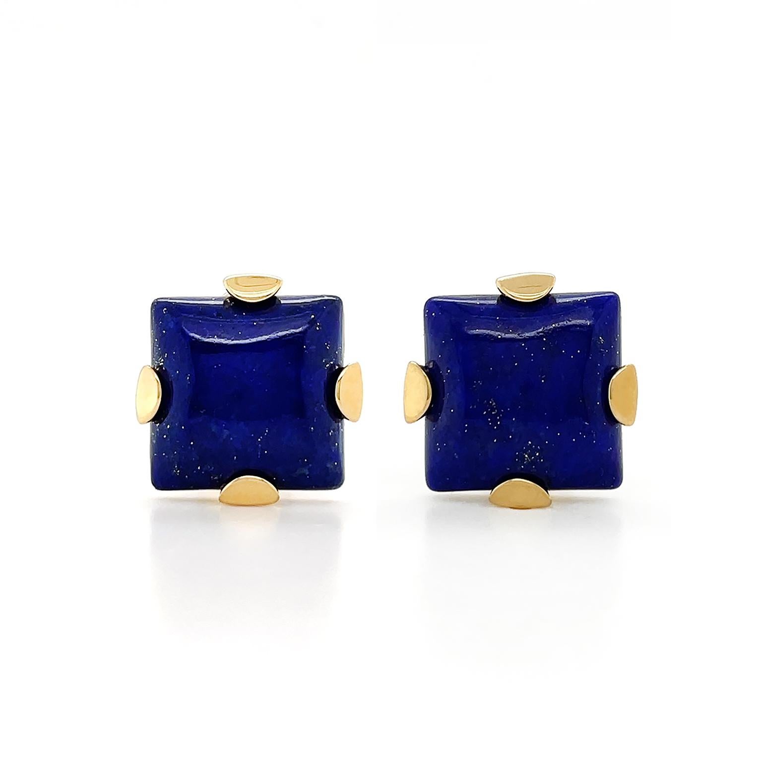 Square Cut Square Cabochon Lapis Lazuli  18k Yellow Gold Clip-on Earrings For Sale