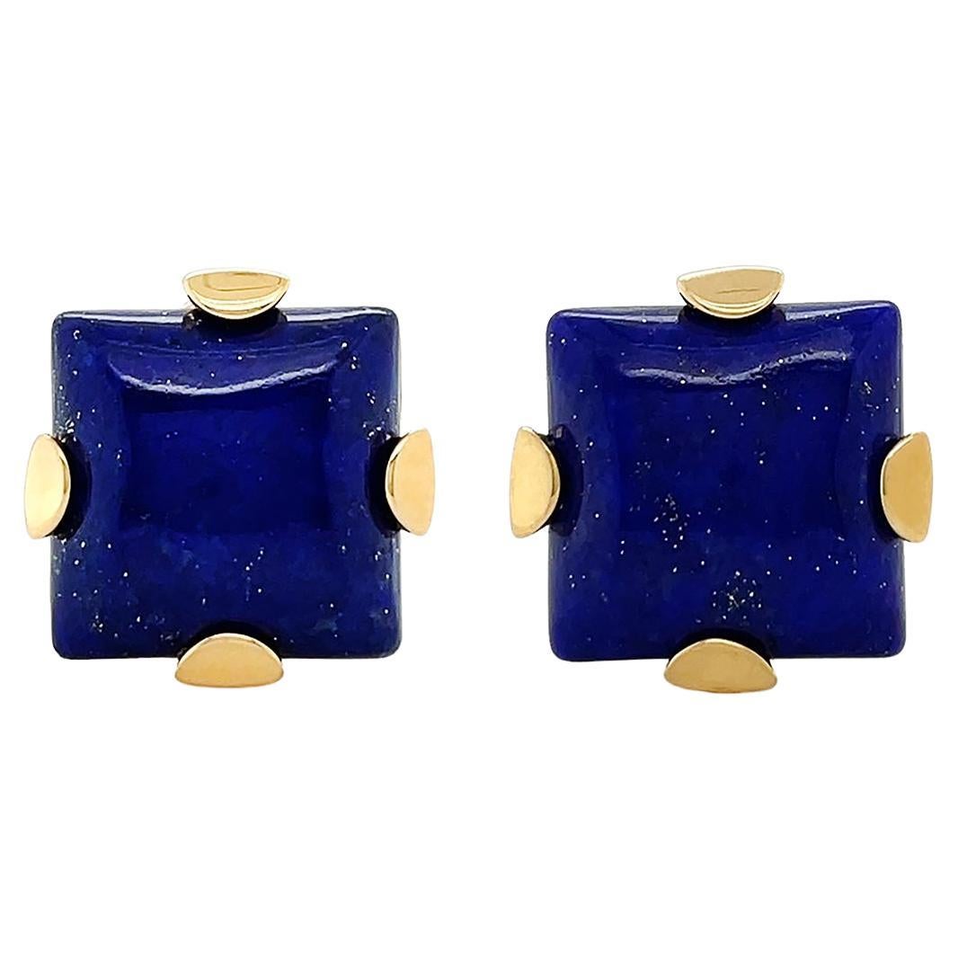 Square Cabochon Lapis Lazuli  18k Yellow Gold Clip-on Earrings