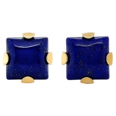 Square Cabochon Lapis Lazuli  18k Yellow Gold Clip-on Earrings