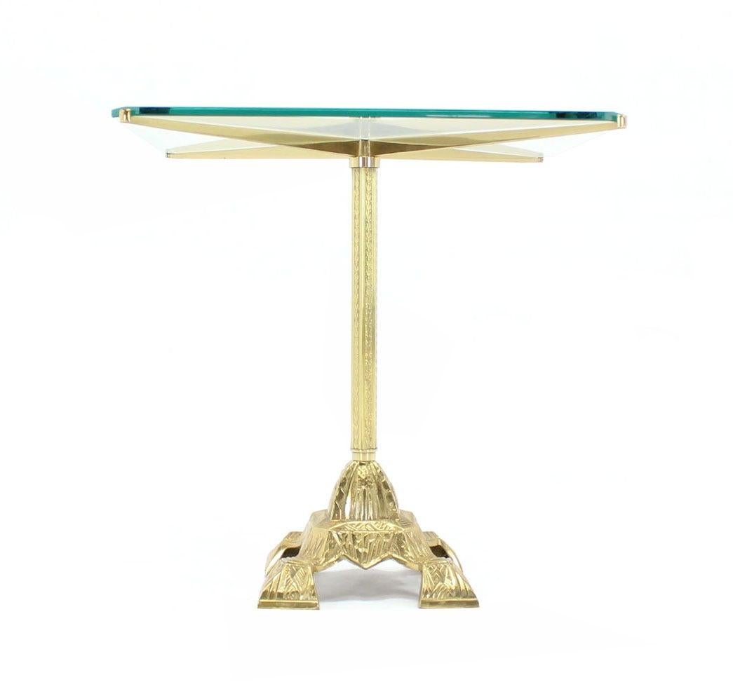 Square Cast Brass X Shape Base Glass Top Side End Center Lamp Table Stand MINT In Good Condition For Sale In Rockaway, NJ