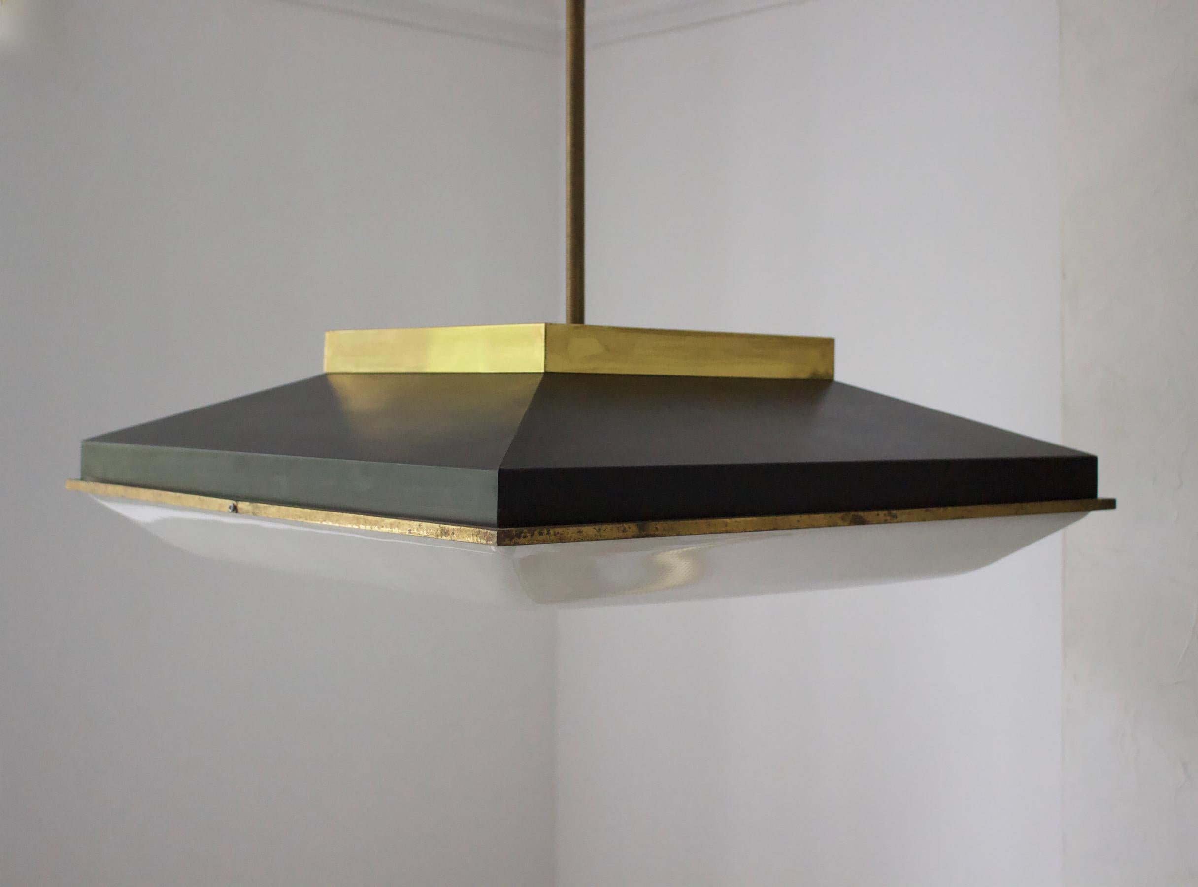 Mid-Century Modern Square Ceiling Pendant with Brass Details Attributed to Stilnovo, Italy