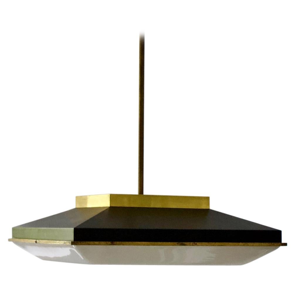 Square Ceiling Pendant with Brass Details Attributed to Stilnovo, Italy