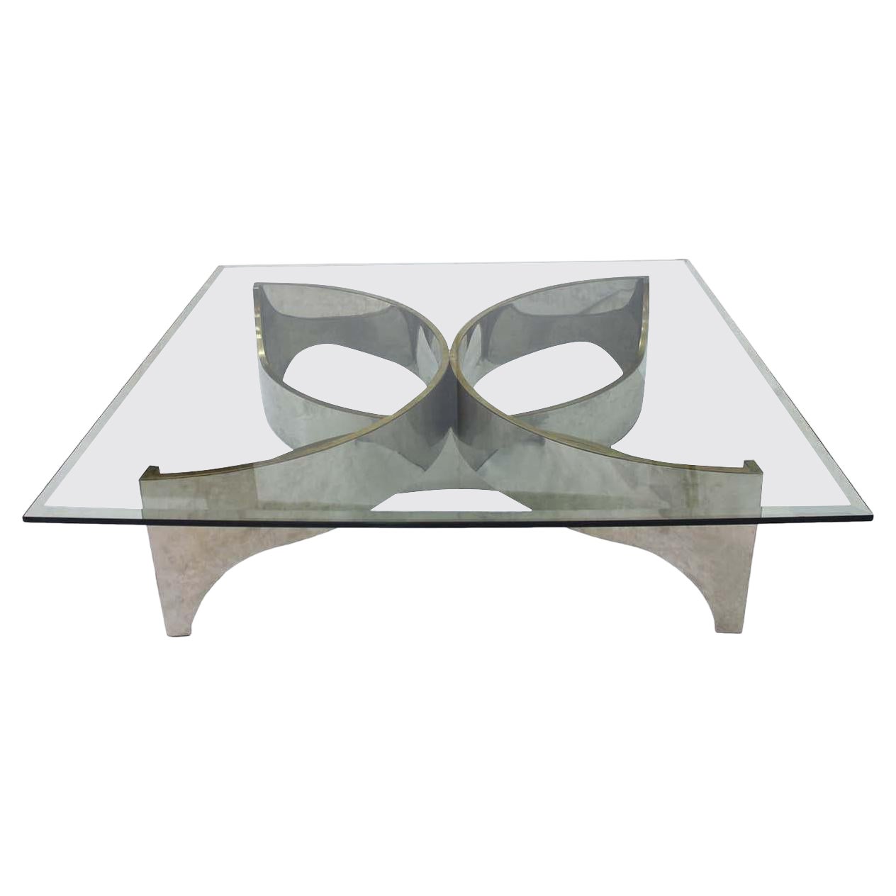 Mid Century Modern Square Center Table, Chrome Metal and Glass Top