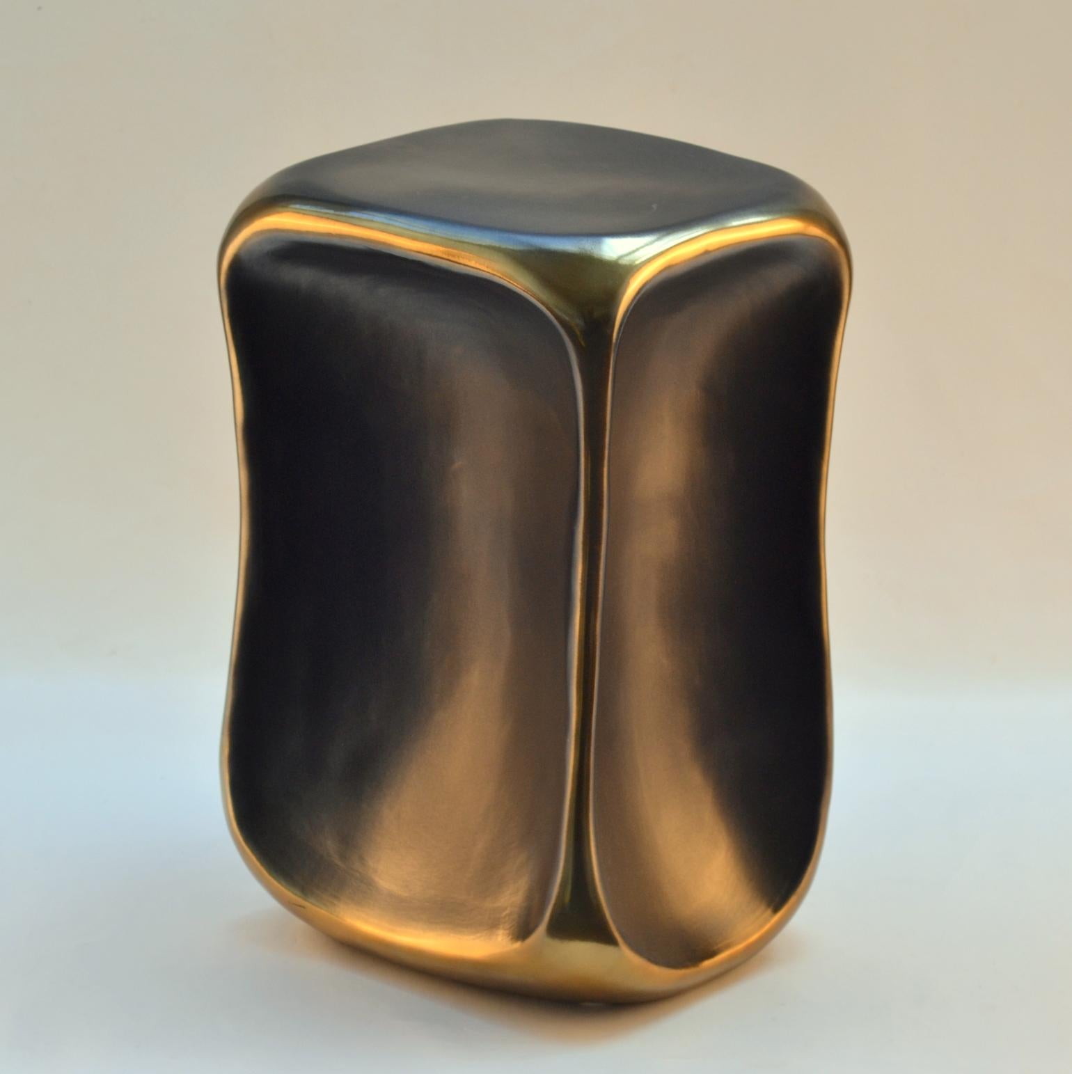 Portuguese Sculptural Ceramic Black and Gold Square Side Table For Sale