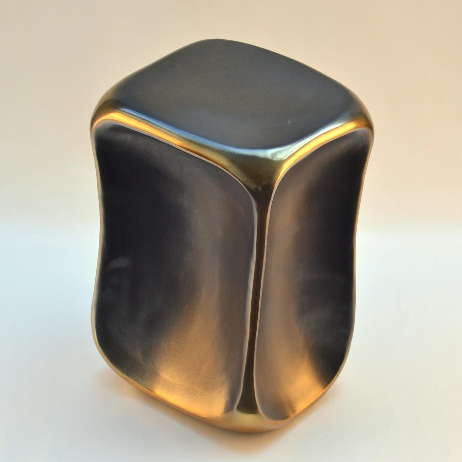 Cast Sculptural Ceramic Black and Gold Square Side Table For Sale