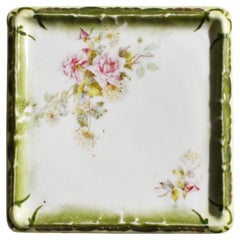 Antique Square Ceramic Hand-Painted Floral Trinket Dish or Catchall in Green 1900s