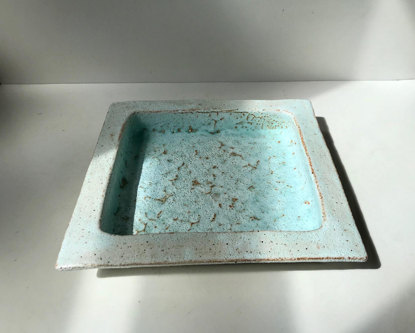 Modern Square Ceramic Raku Fired Turquoise Dish by Sten Borsting For Sale