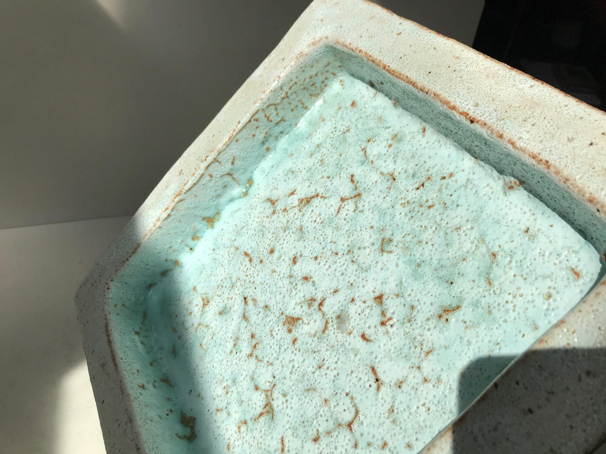 Danish Square Ceramic Raku Fired Turquoise Dish by Sten Borsting For Sale