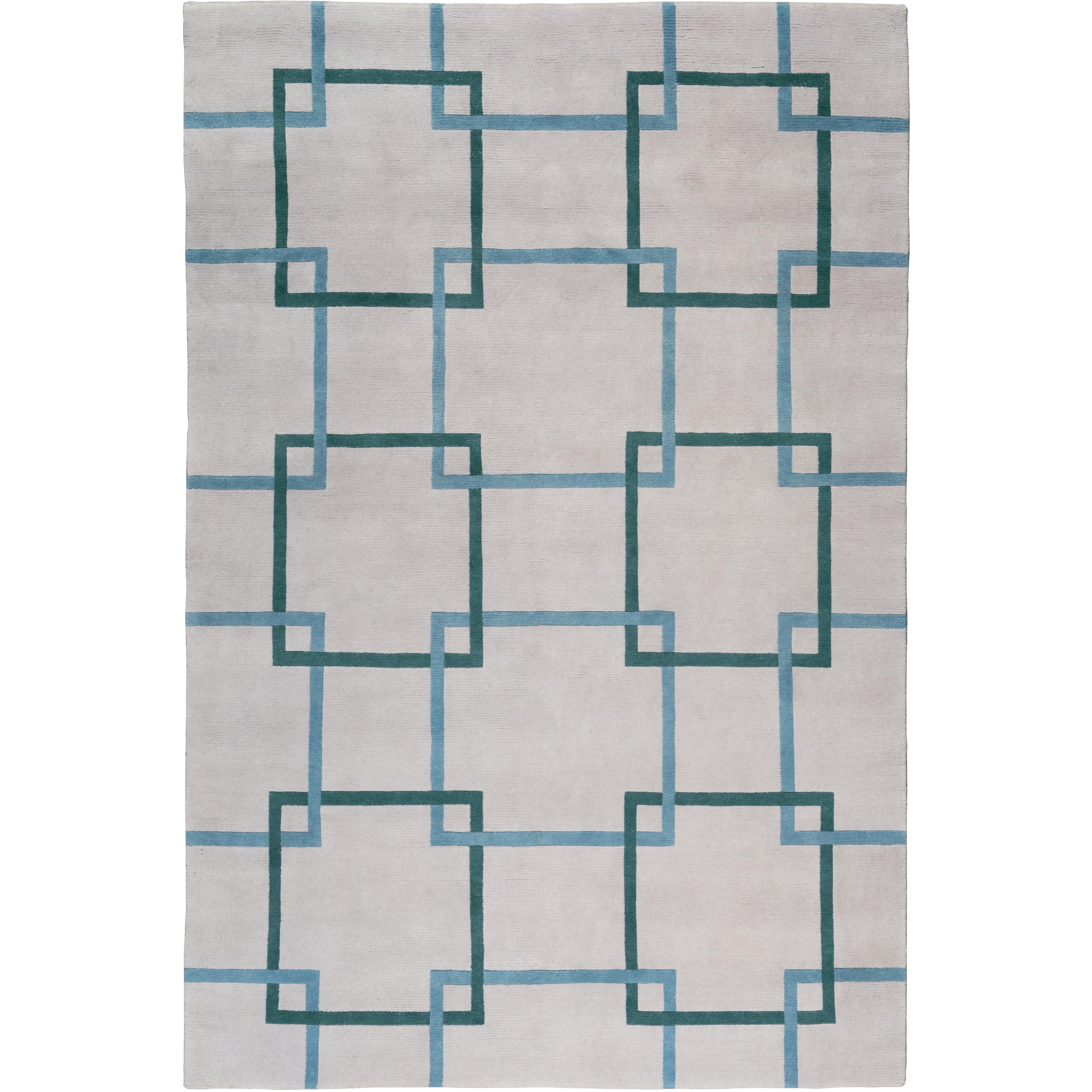 Square Chain Teal Hand-Knotted 10x8 Rug in Wool by The Rug Company For Sale