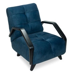Square Channel Tufted Lounge Chair with Angled Wood Arms and Navy Velvet