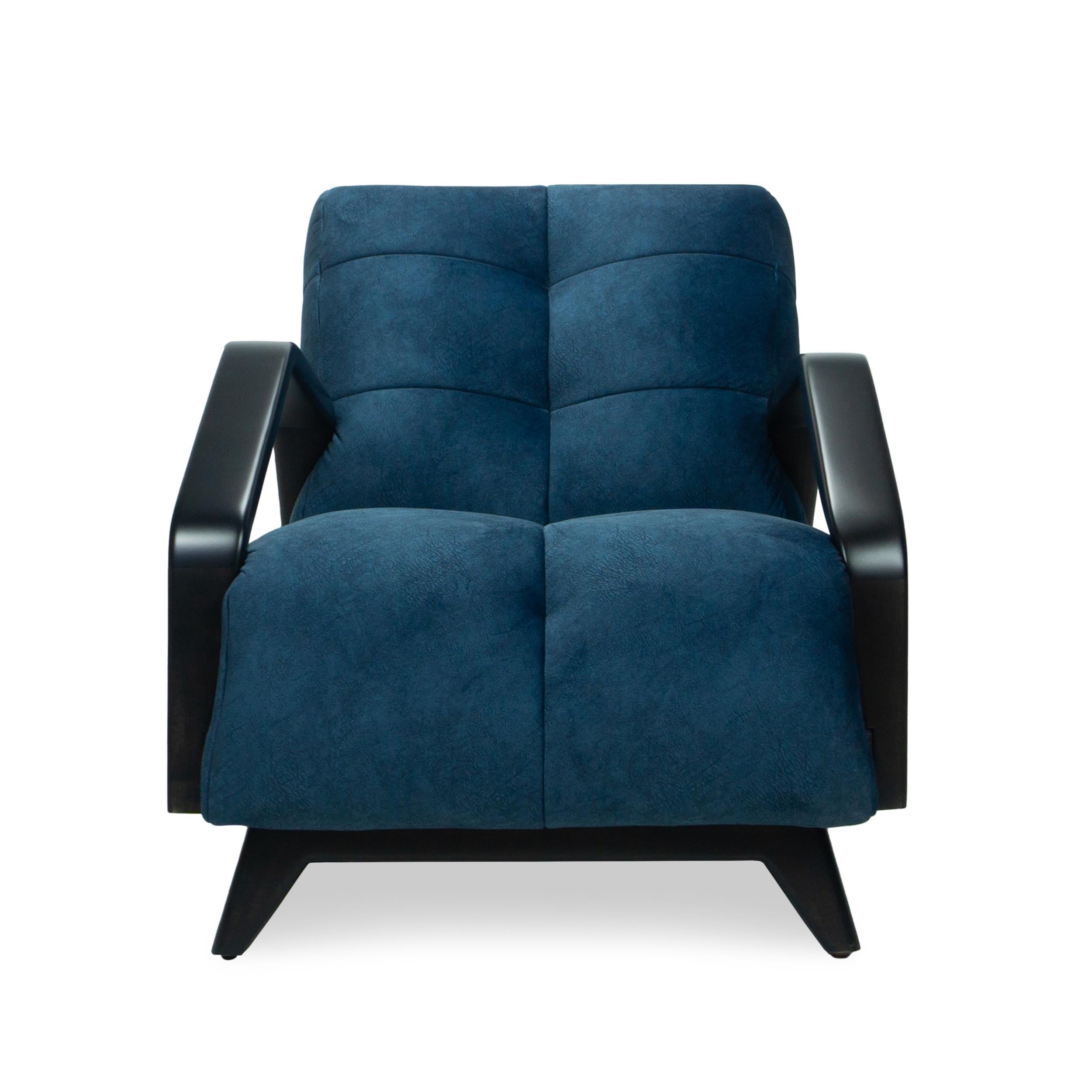 Silla de salón Square Channel Tufted con brazos angulados de madera y terciopelo azul marino Estadounidense en venta