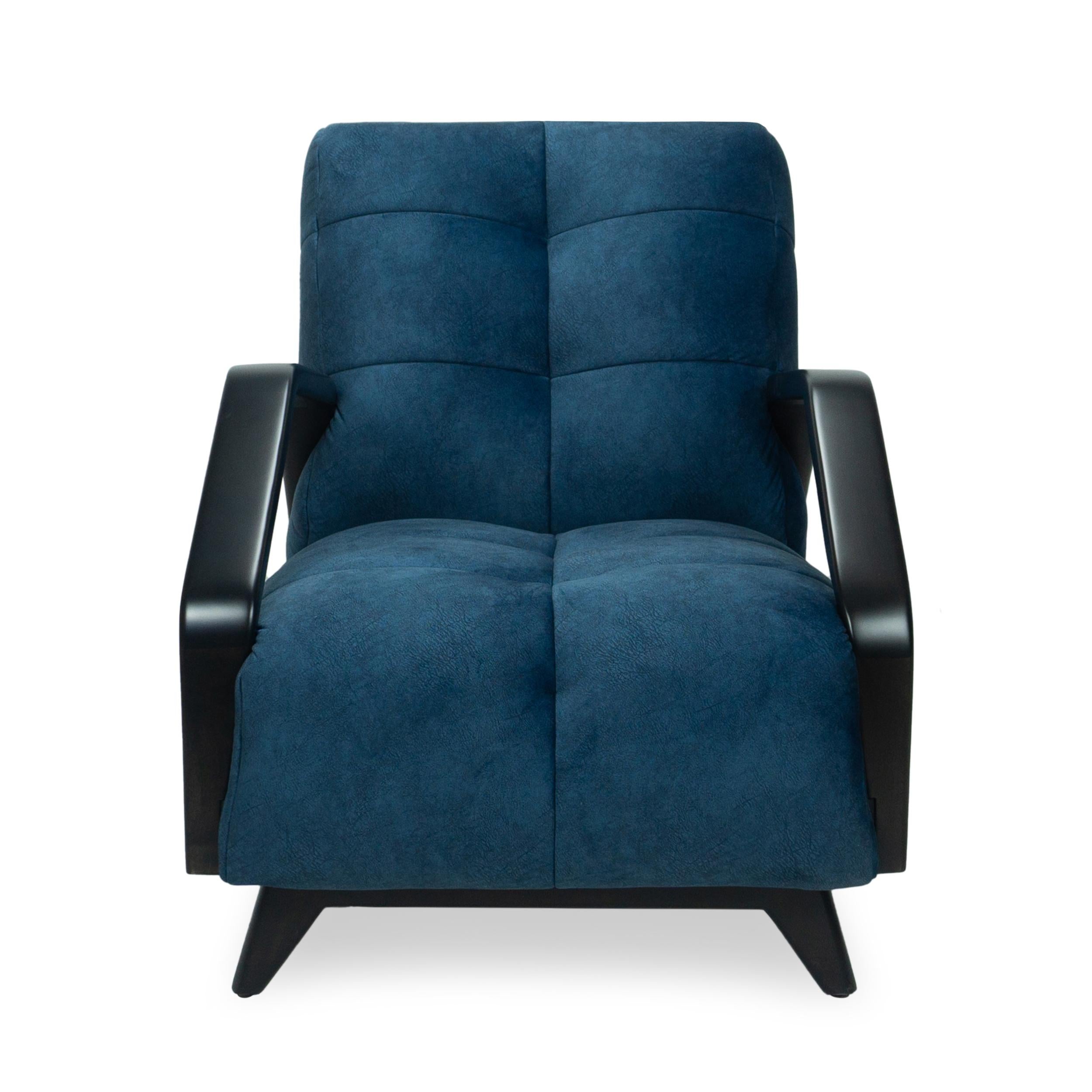 Silla de salón Square Channel Tufted con brazos angulados de madera y terciopelo azul marino Manchado en venta