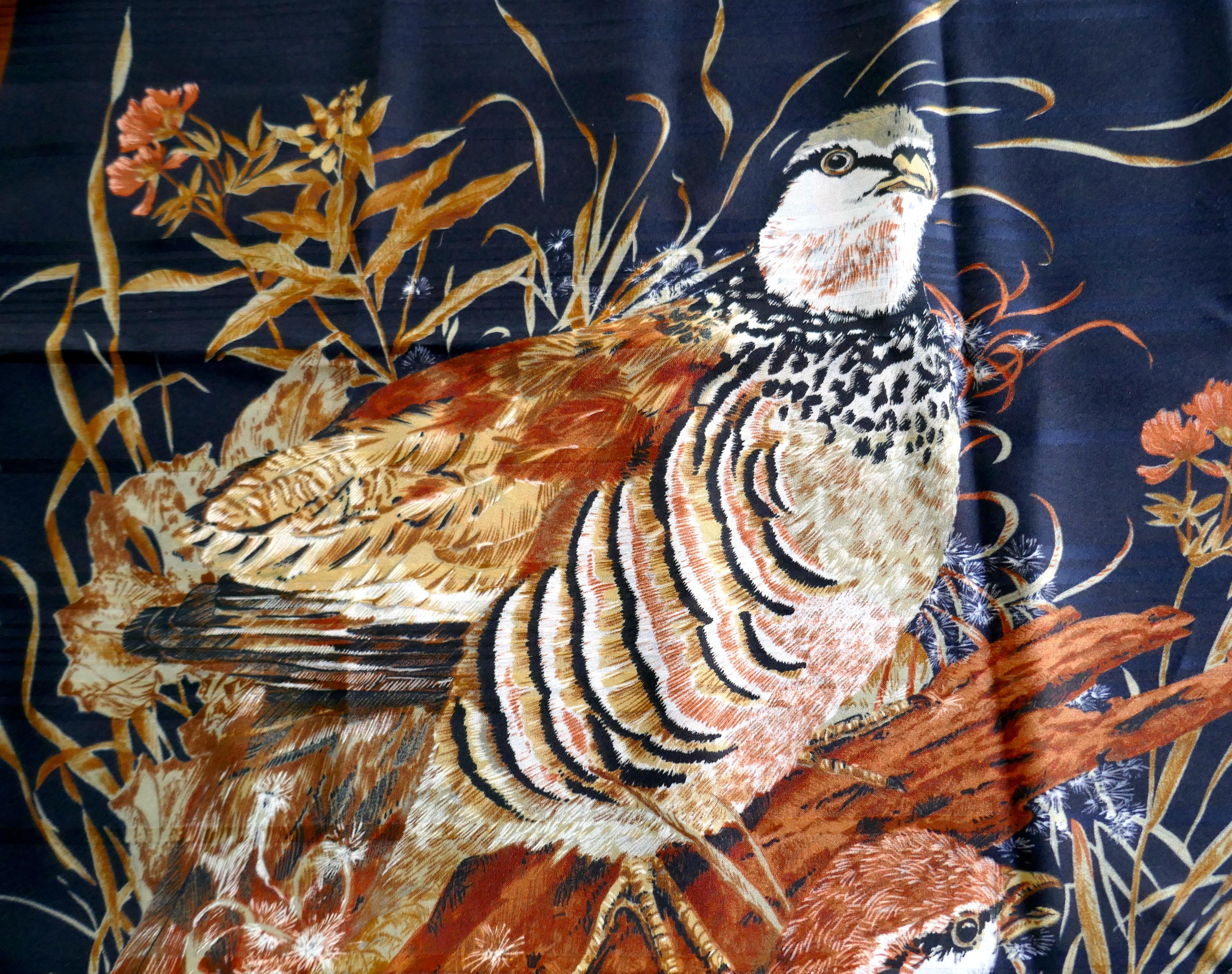 Black Square Chiffon Scarf “Partridges in the Grass” 