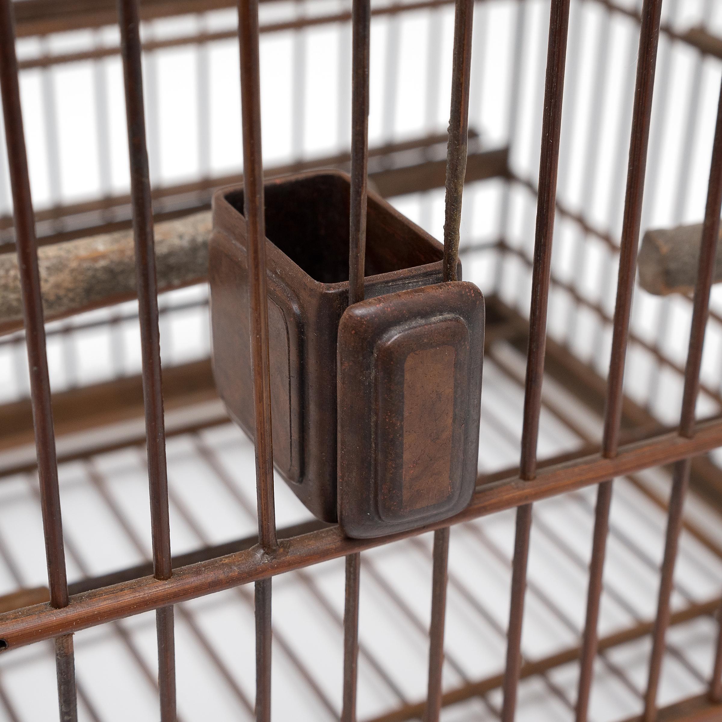 Qing Square Chinese Bamboo Birdcage with Burl Inlay Cup, c. 1900 For Sale