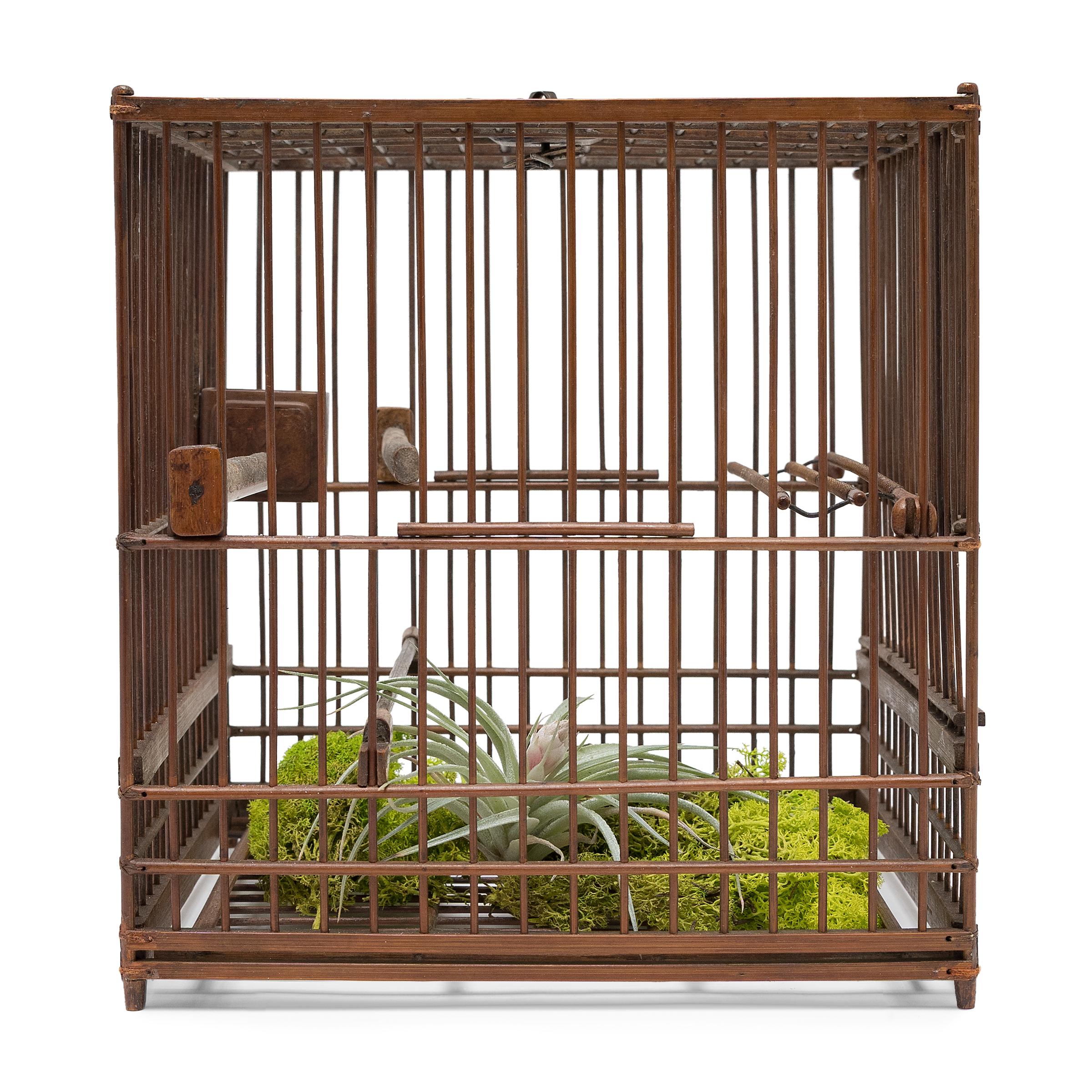 20th Century Square Chinese Bamboo Birdcage with Burl Inlay Cup, c. 1900 For Sale