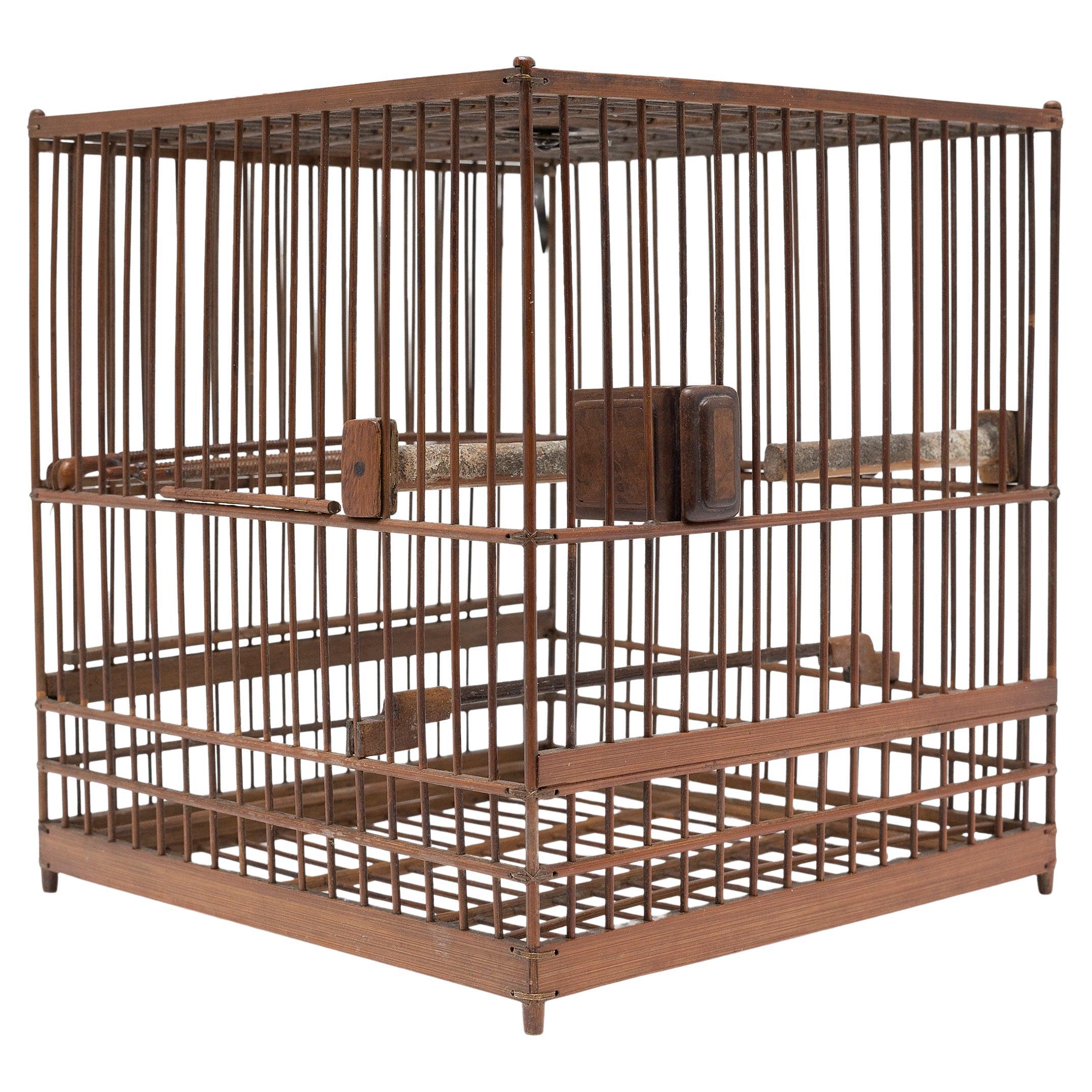 Square Chinese Bamboo Birdcage with Burl Inlay Cup, c. 1900 For Sale