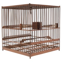 Square Chinese Bamboo Birdcage with Burl Inlay Cup, c. 1900