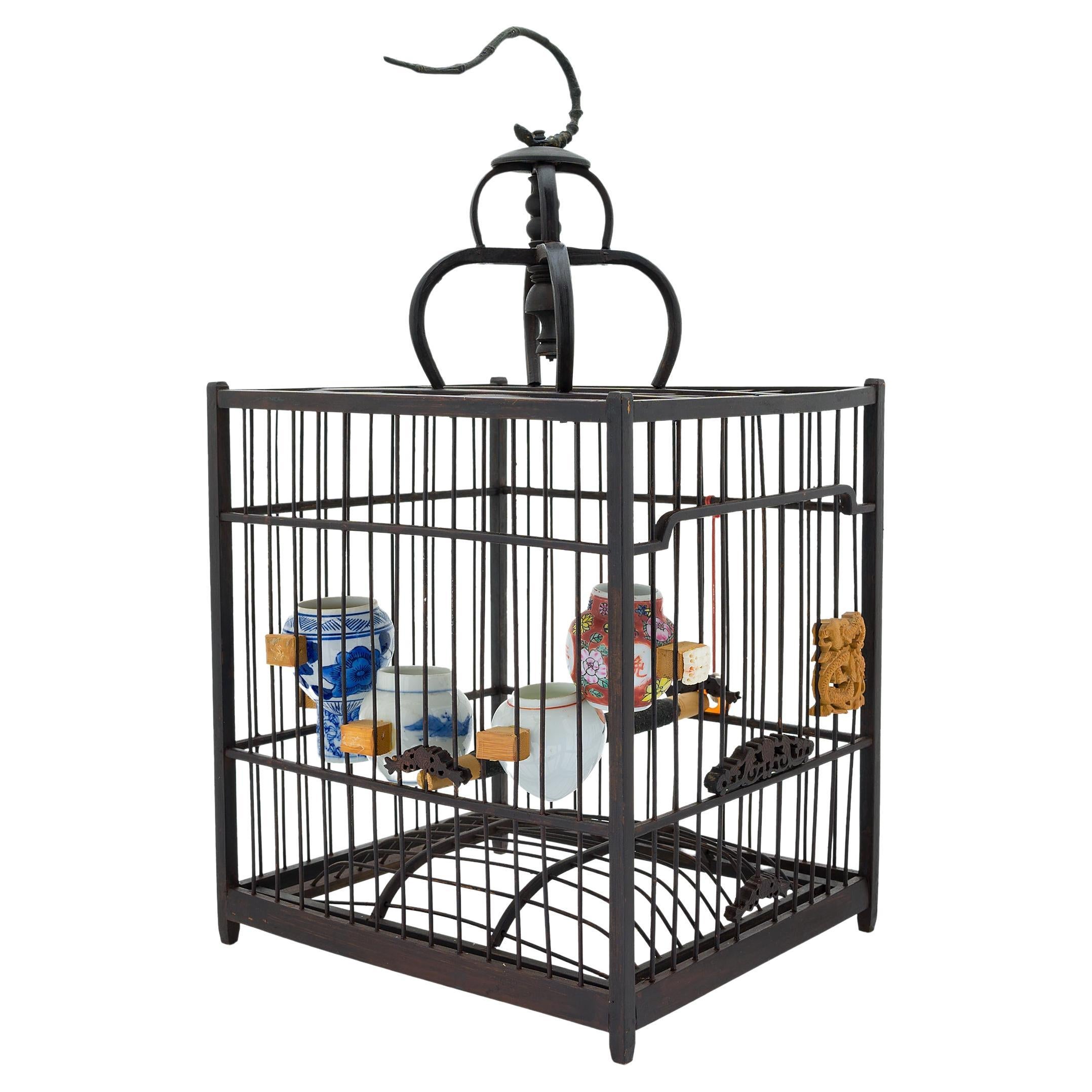 Square Chinese Bamboo Birdcage with Porcelain Waterpots, circa 1850 For Sale