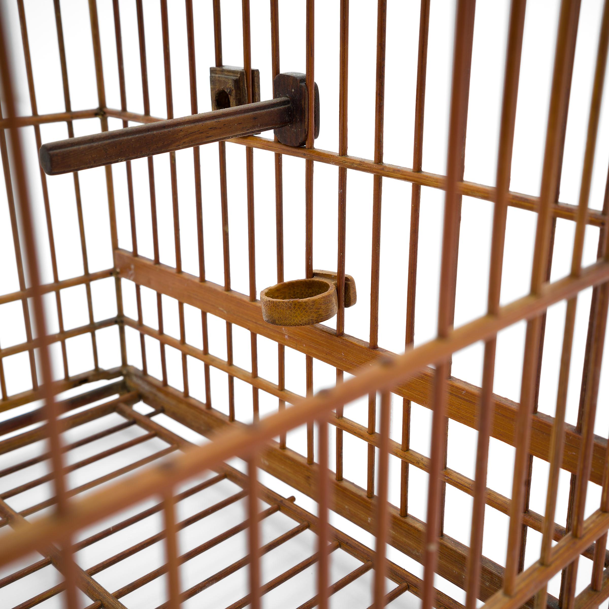 Qing Square Chinese Bamboo Birdcage with Scroll Charm, circa 1900 For Sale