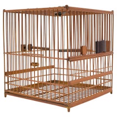 Square Chinese Bamboo Birdcage with Scroll Charm, circa 1900