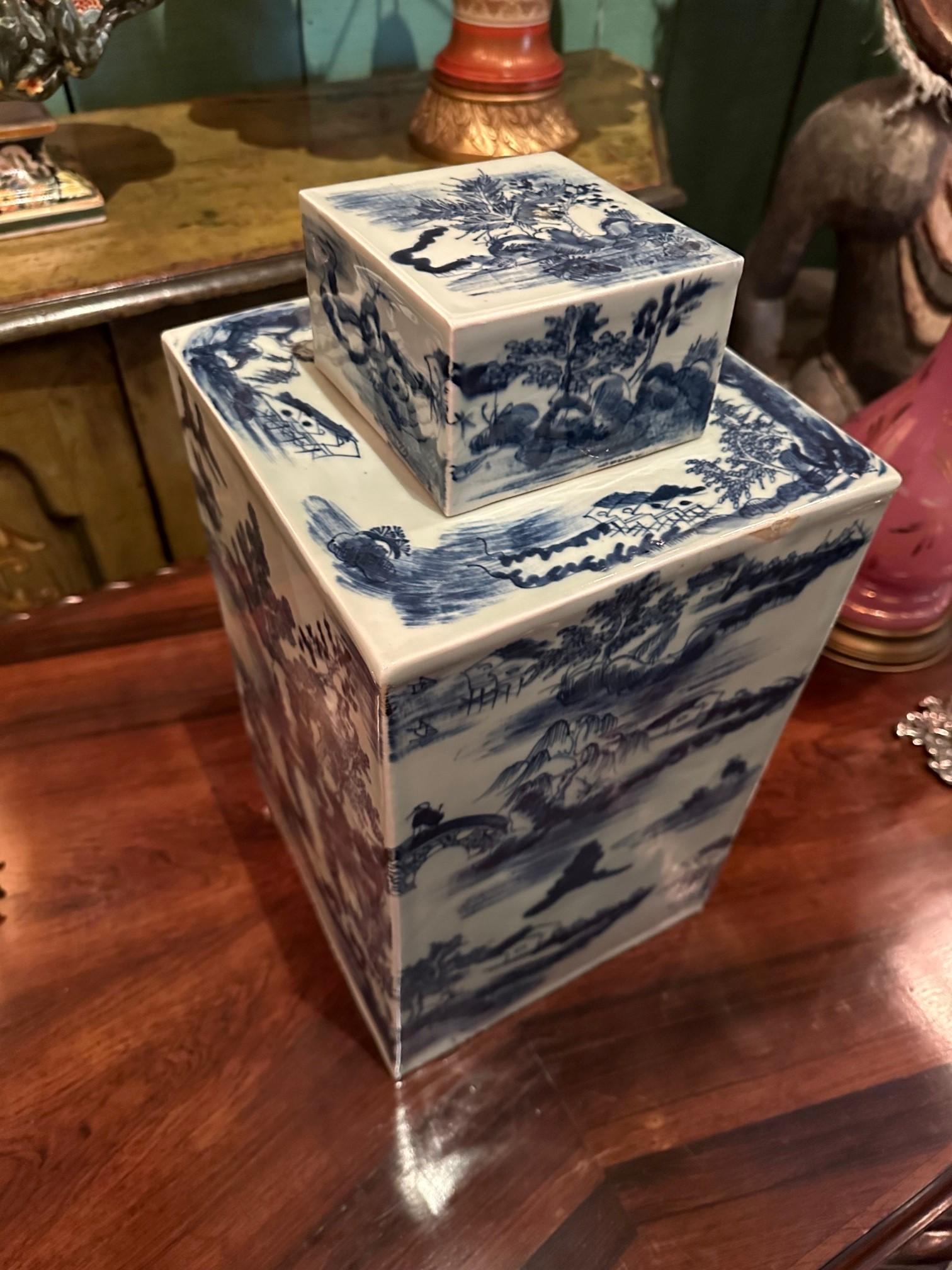 Square Chinese Celadon Indigo Porcelain Covered Jar Modern Center Piece Vase CA For Sale 5