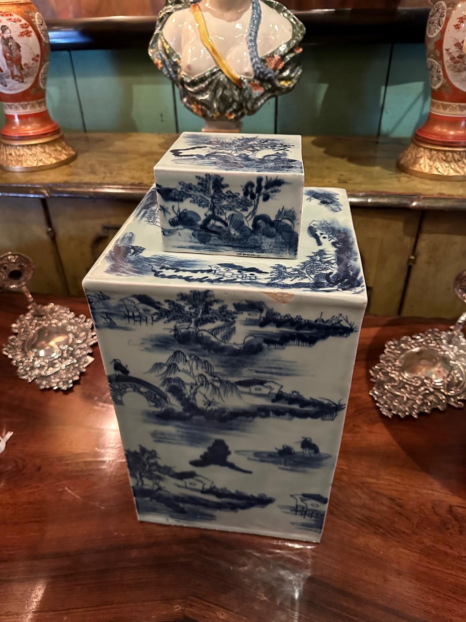 Square Chinese Celadon Indigo Porcelain Covered Jar Modern Center Piece Vase CA For Sale 10