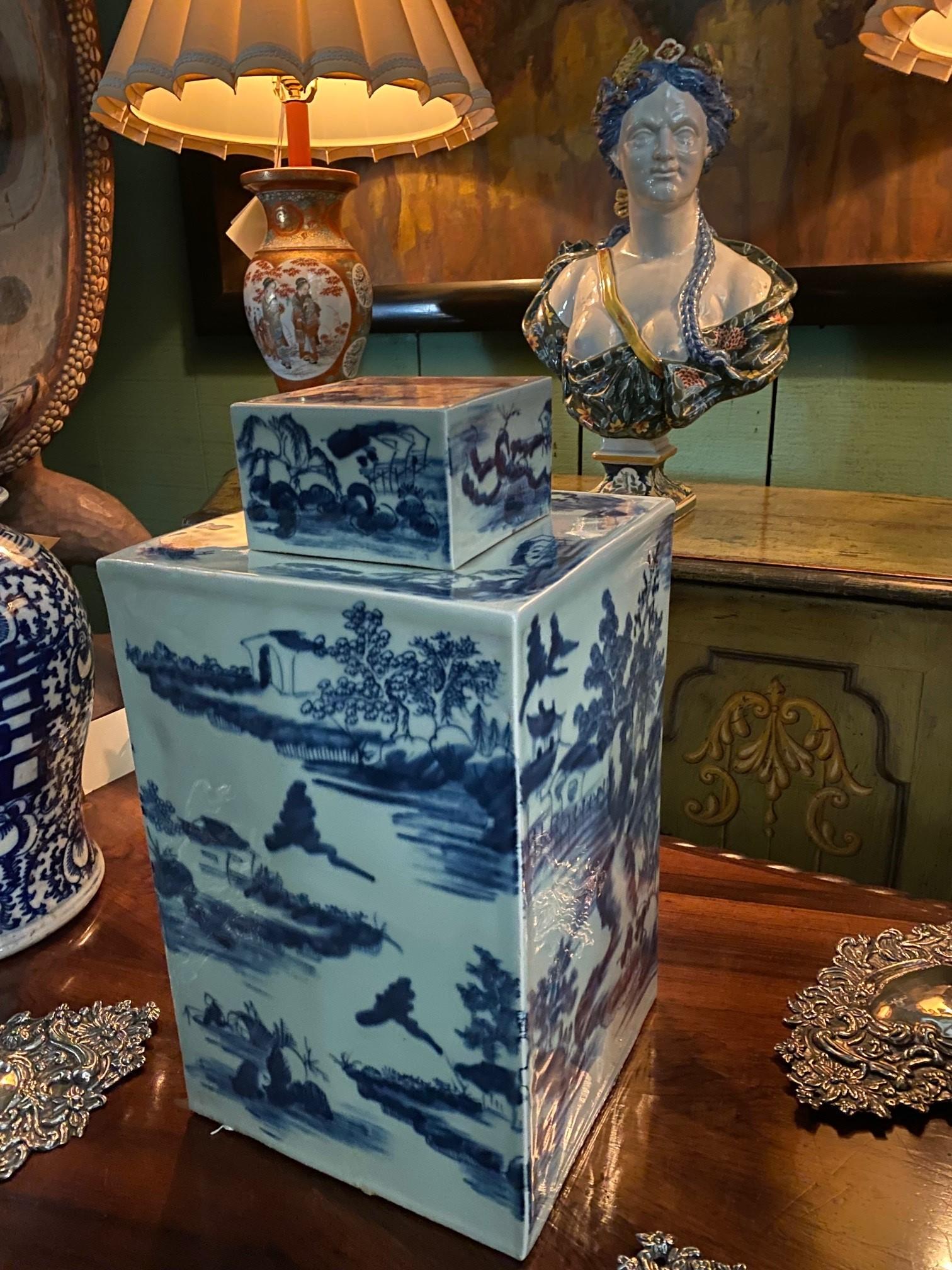 Square Chinese Celadon Indigo Porcelain Covered Jar Modern center piece Vase CA .Blue & White Celadon & Indigo Chinoiserie China Lidded Jar Antiques Depicting flowers and leaves water pond nature symbolizing happiness and vitality 
the Lid square