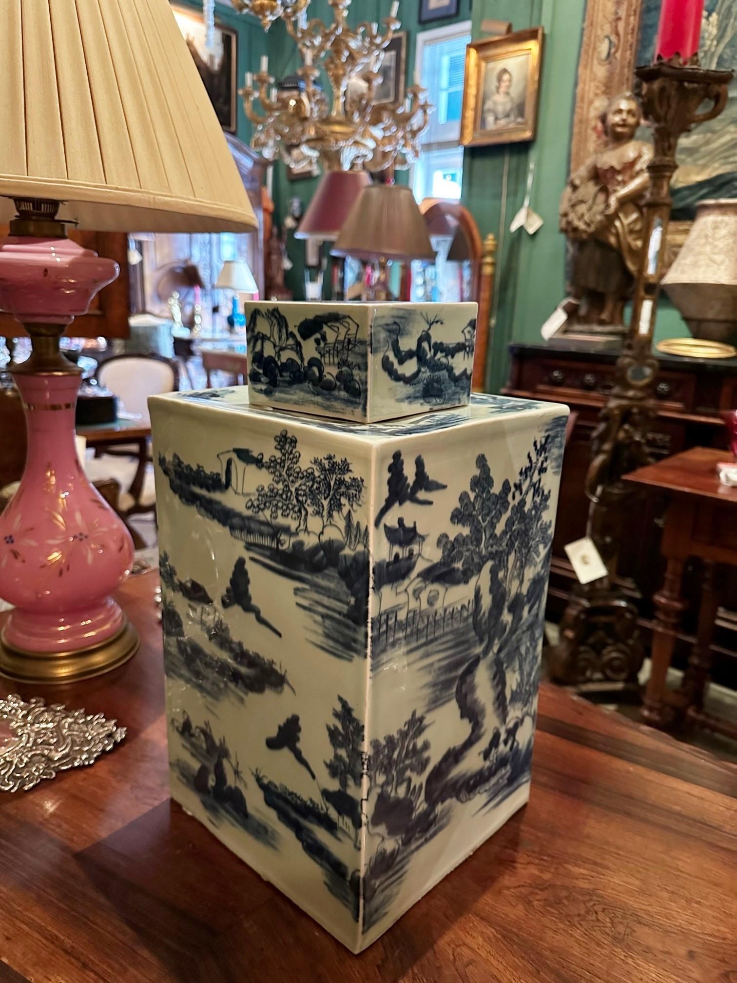 European Square Chinese Celadon Indigo Porcelain Covered Jar Modern Center Piece Vase CA For Sale