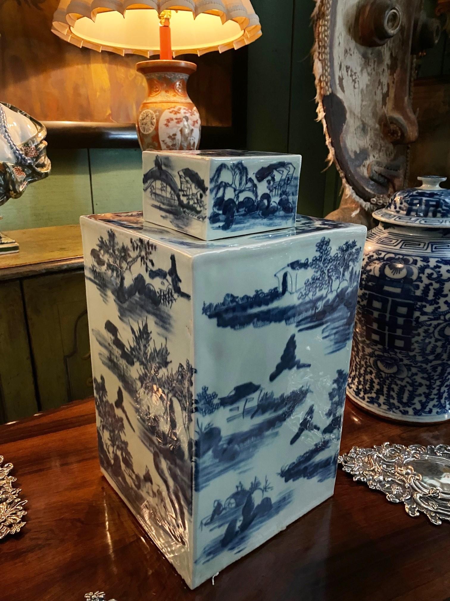 Glazed Square Chinese Celadon Indigo Porcelain Covered Jar Modern Center Piece Vase CA For Sale
