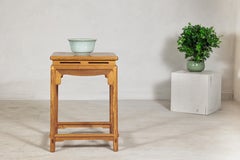 Square Chinese Elm Lamp Table with Pierced Apron and Warm Wood Grain Finish