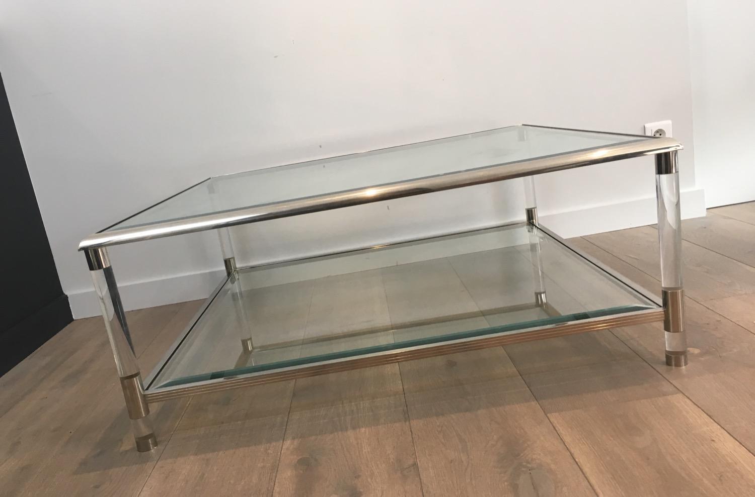Square Chrome and Lucite Coffee Table, French, circa 1970 6