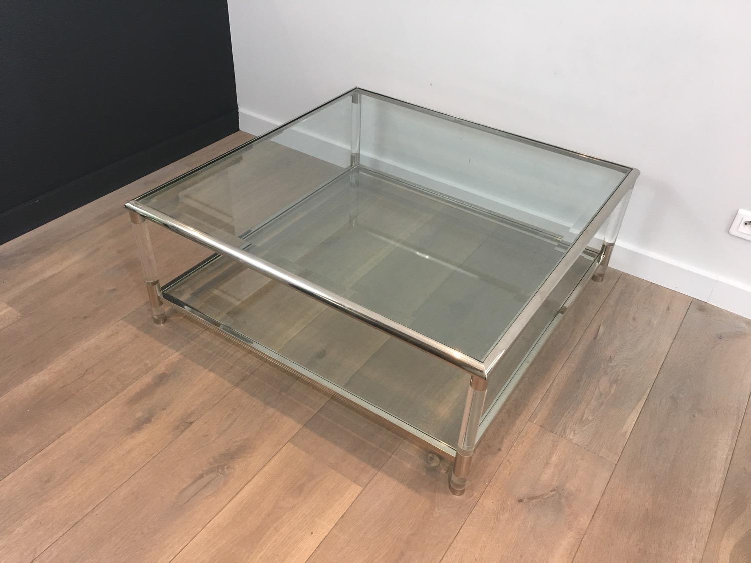 Square Chrome and Lucite Coffee Table, French, circa 1970 10