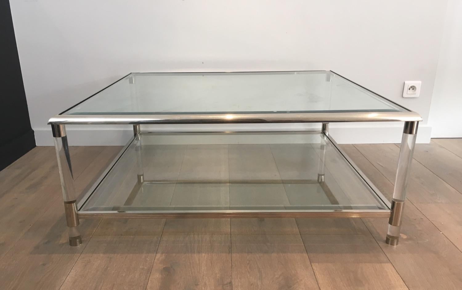 Mid-Century Modern Square Chrome and Lucite Coffee Table, French, circa 1970