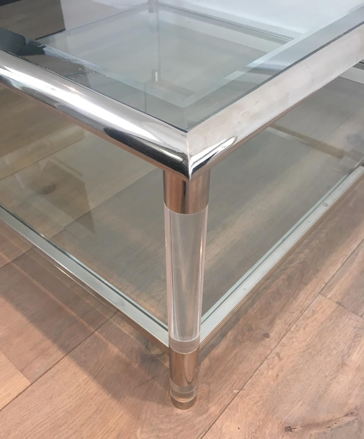 Square Chrome and Lucite Coffee Table, French, circa 1970 In Good Condition In Marcq-en-Barœul, Hauts-de-France