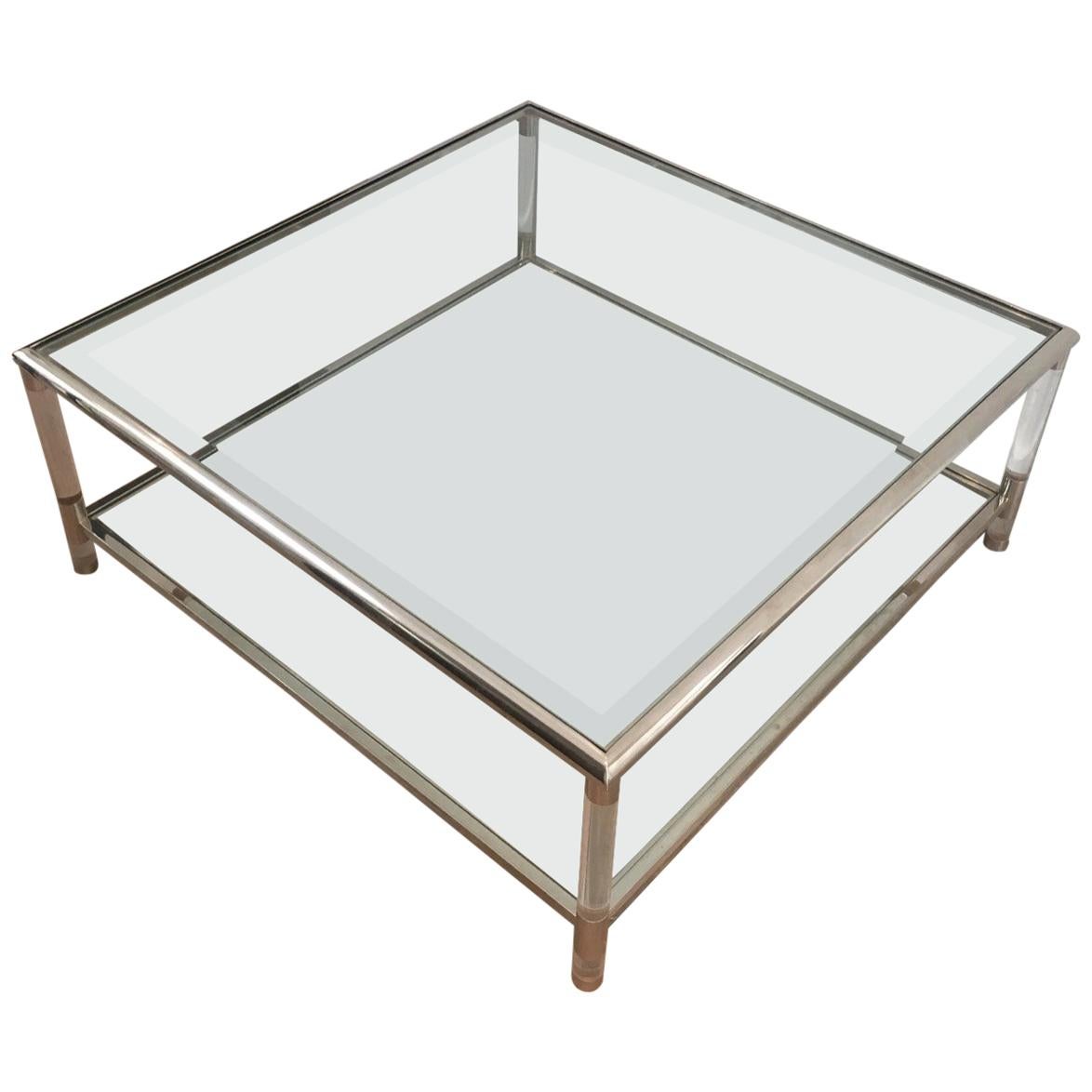 Square Chrome and Lucite Coffee Table, French, circa 1970