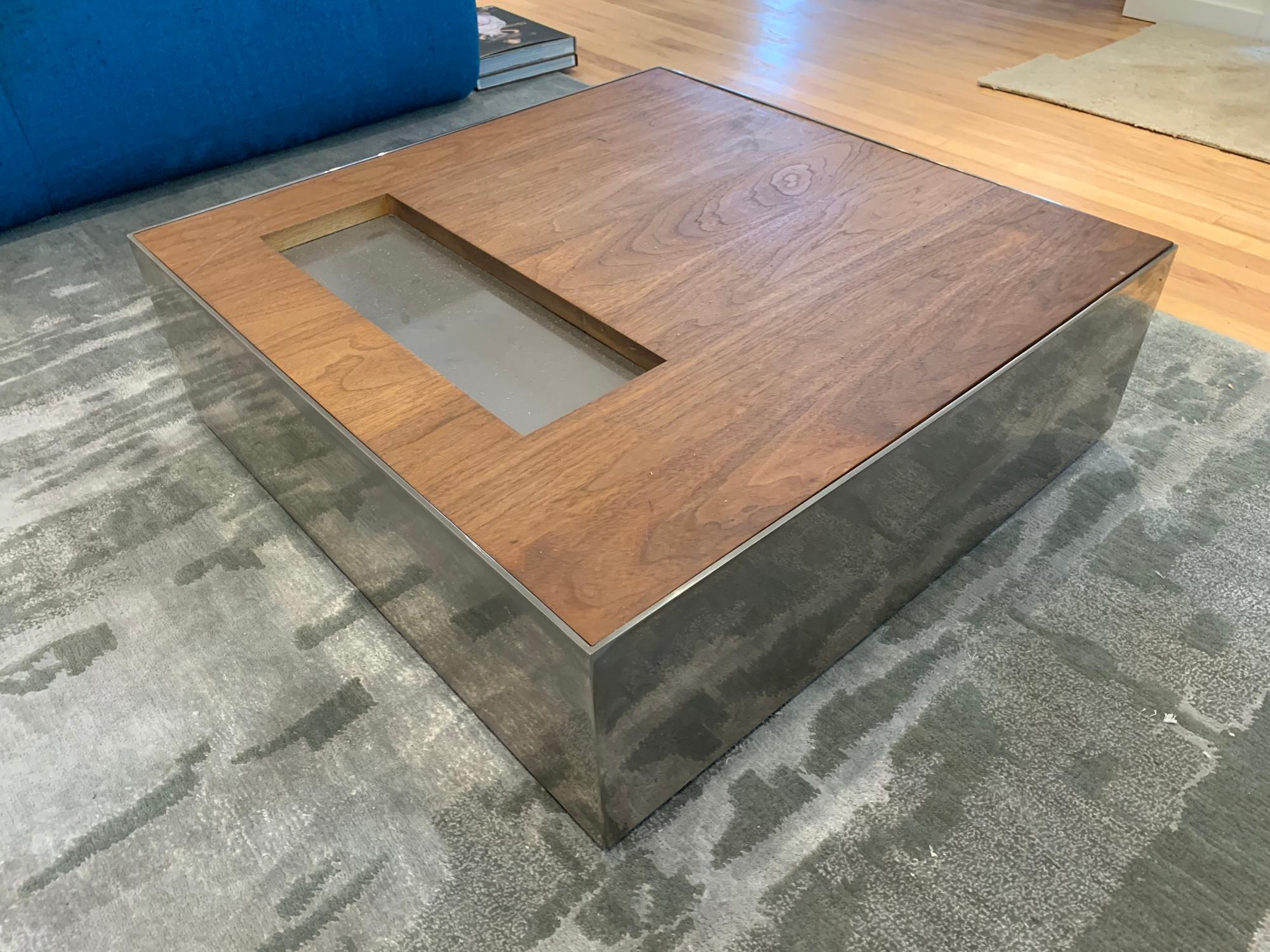 Modern Square Chrome and Walnut Coffee Table by Reza Feiz for Phase Design 