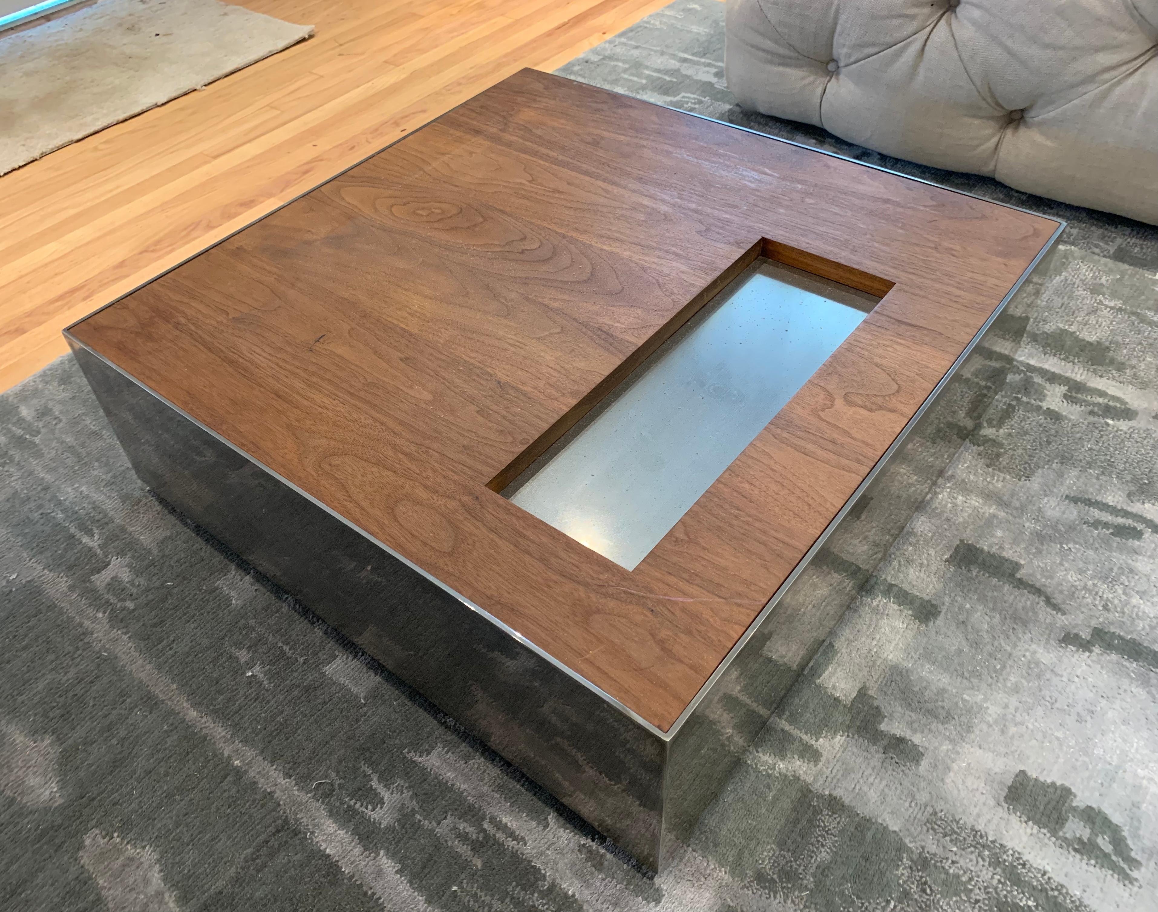 Square Chrome and Walnut Coffee Table by Reza Feiz for Phase Design 