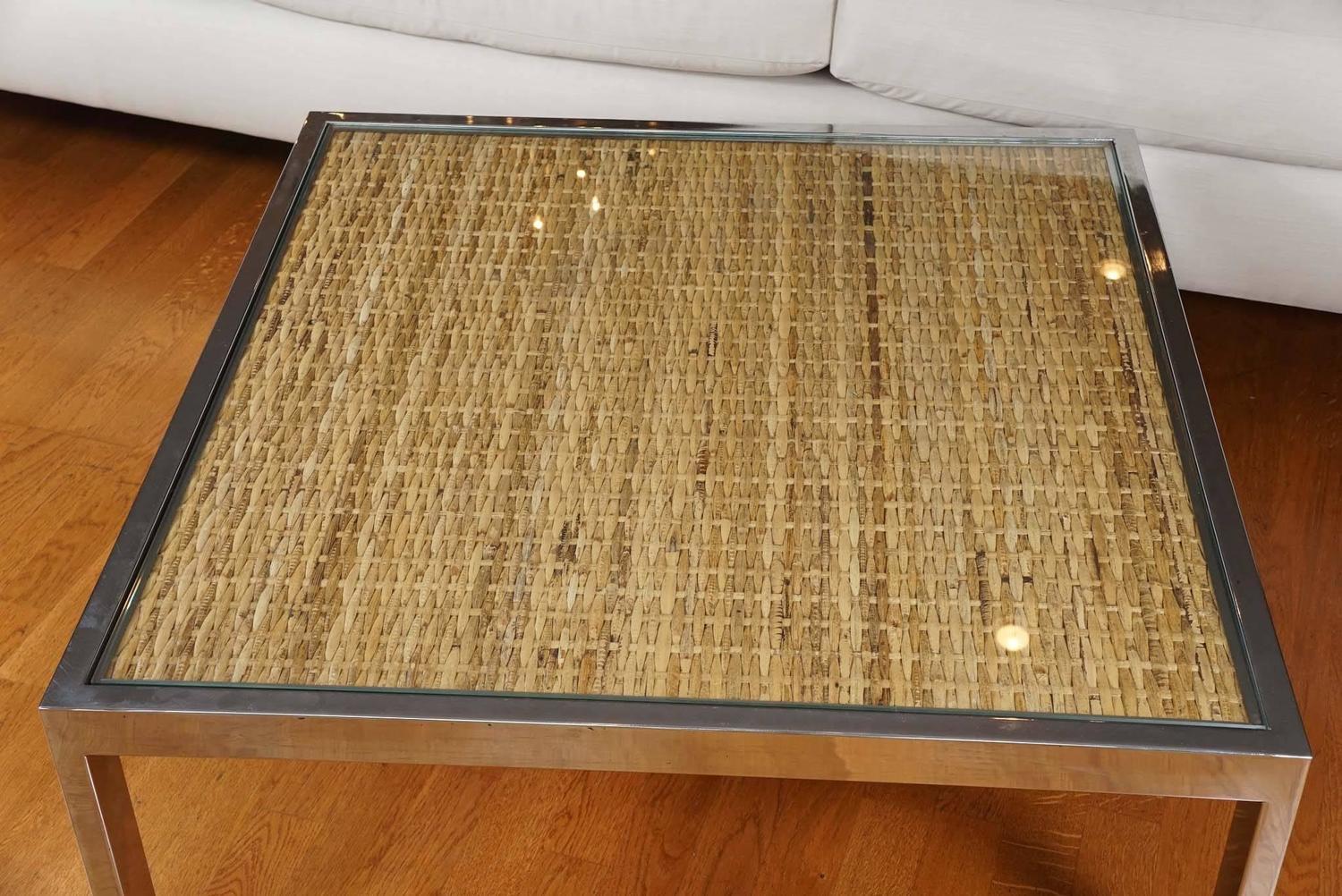 North American Square Chrome and Wicker Coffee Table For Sale