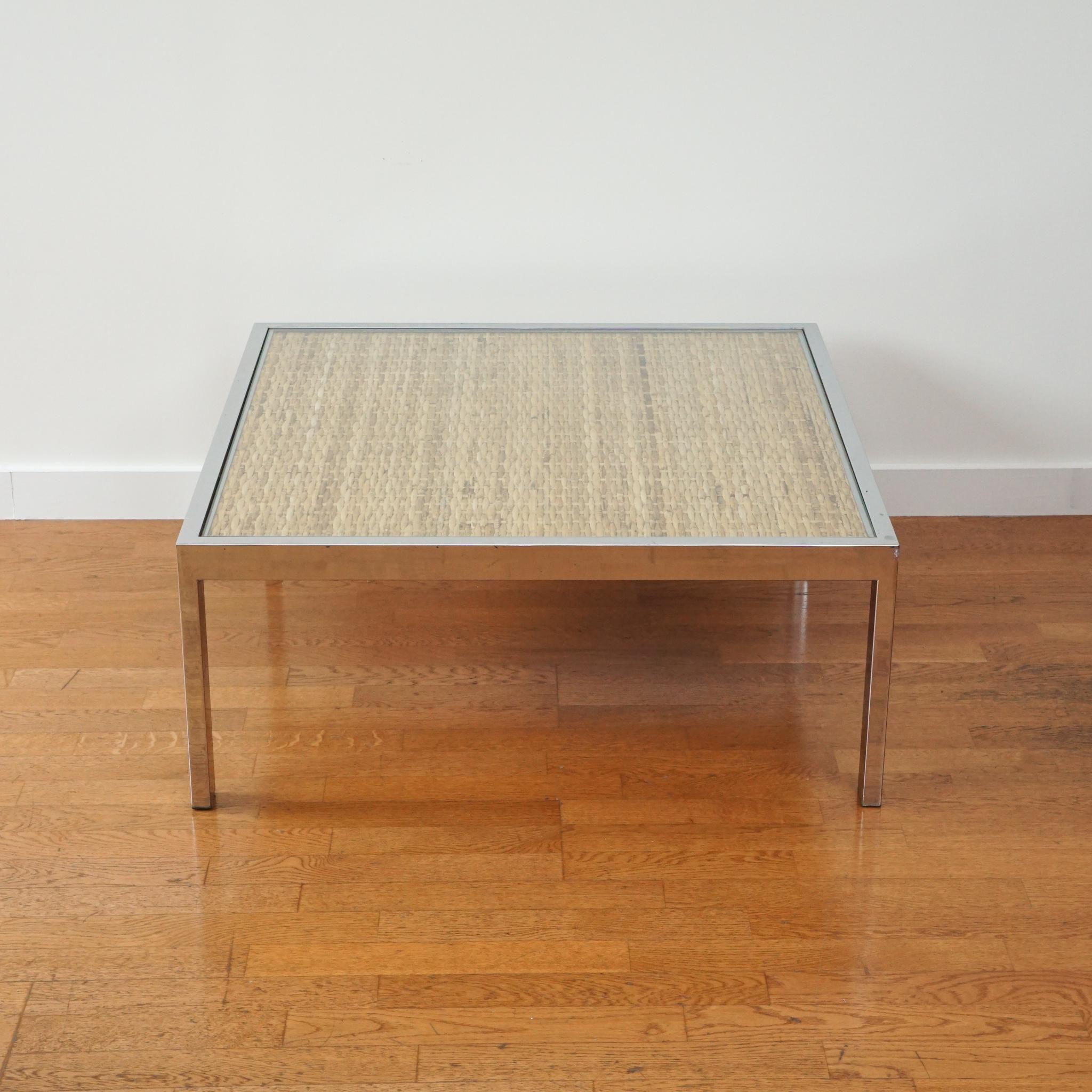 Machine-Made Square Chrome and Wicker Coffee Table For Sale