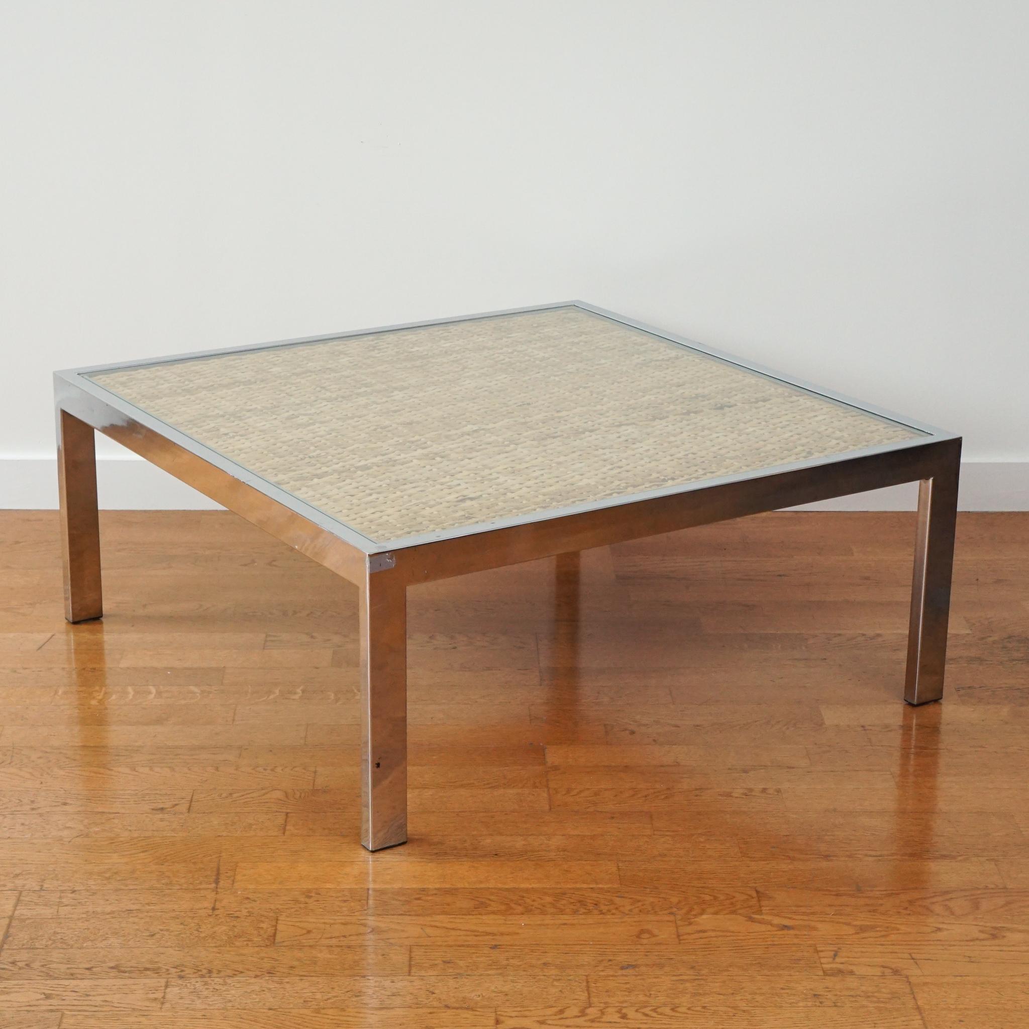 20th Century Square Chrome and Wicker Coffee Table For Sale