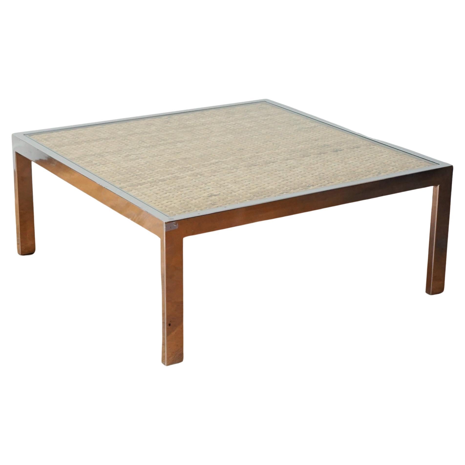 Square Chrome and Wicker Coffee Table For Sale