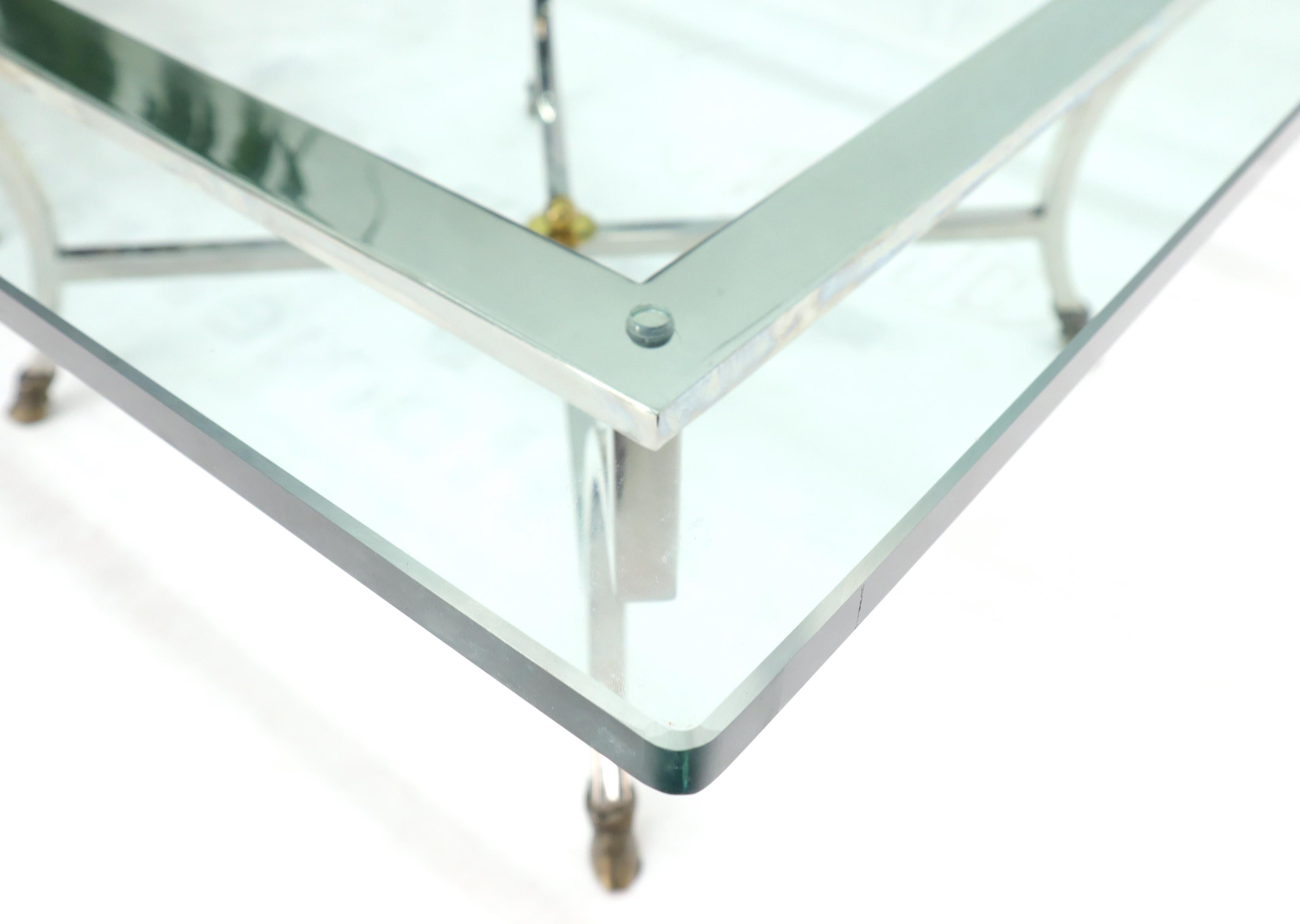 Square Chrome and Brass Hoof Feet Base Thick Glass Top Coffee Table For Sale 4