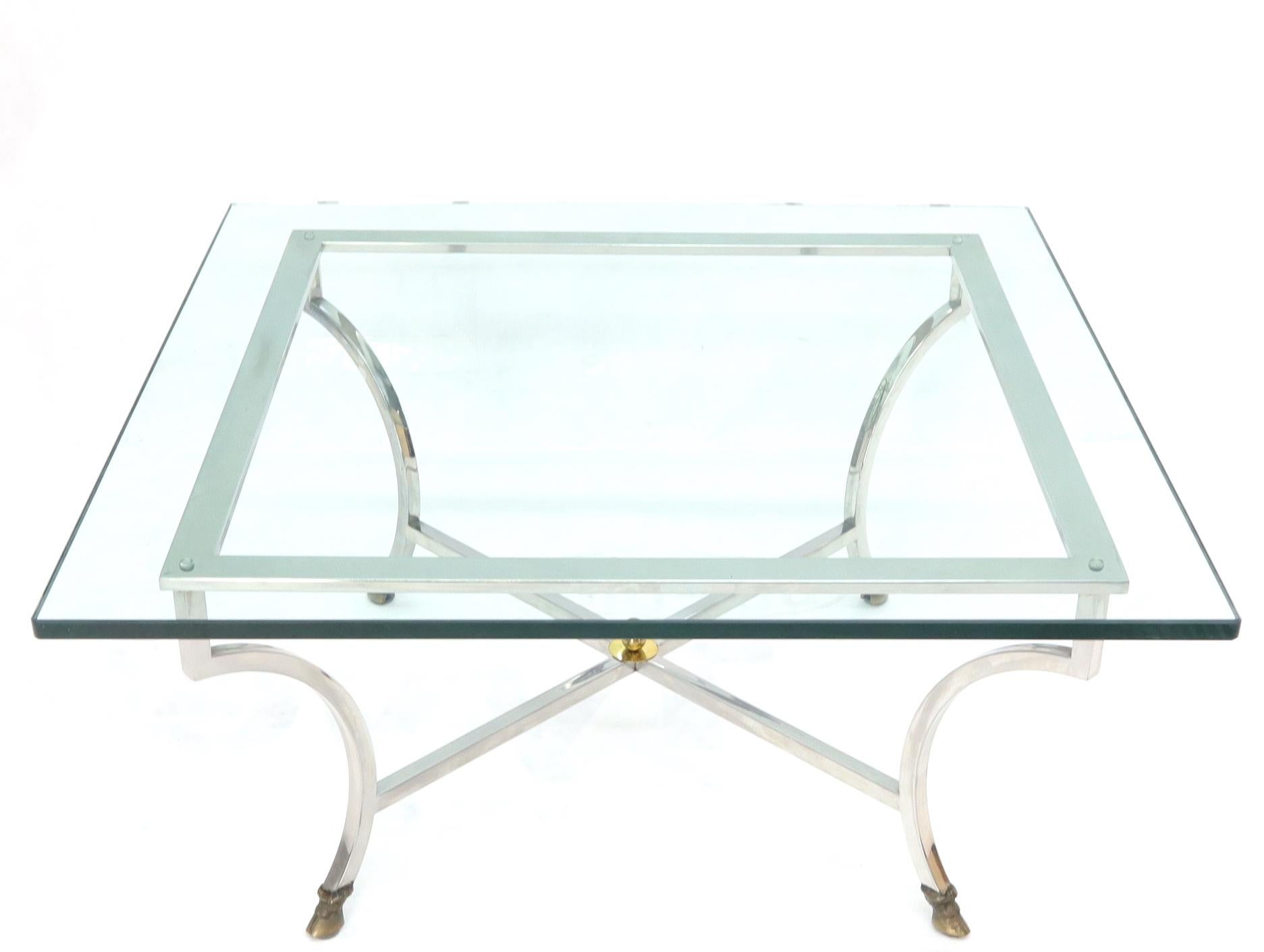 Mid-Century Modern Square Chrome and Brass Hoof Feet Base Thick Glass Top Coffee Table For Sale