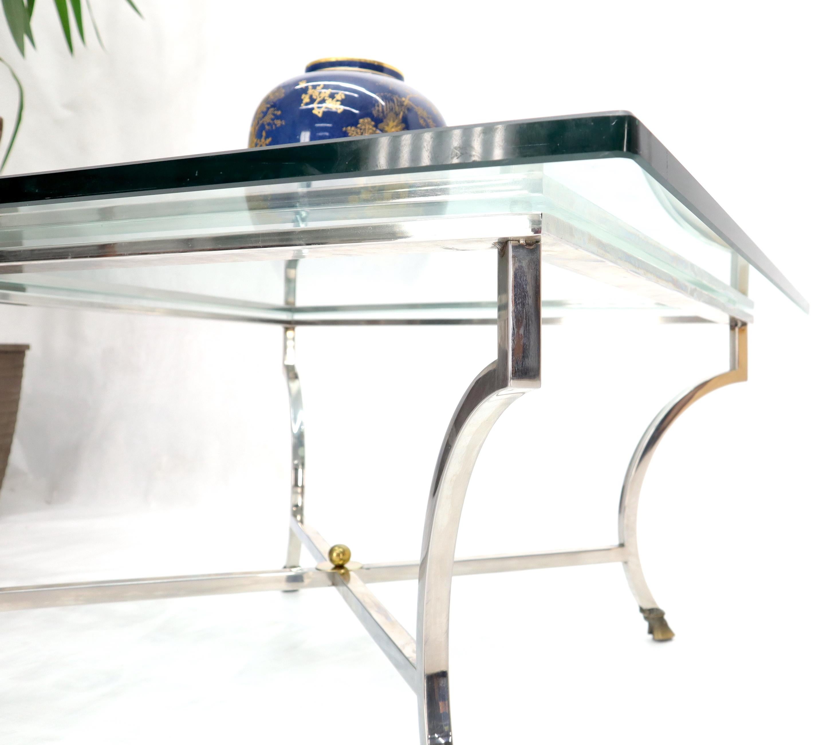 Square Chrome and Brass Hoof Feet Base Thick Glass Top Coffee Table For Sale 1
