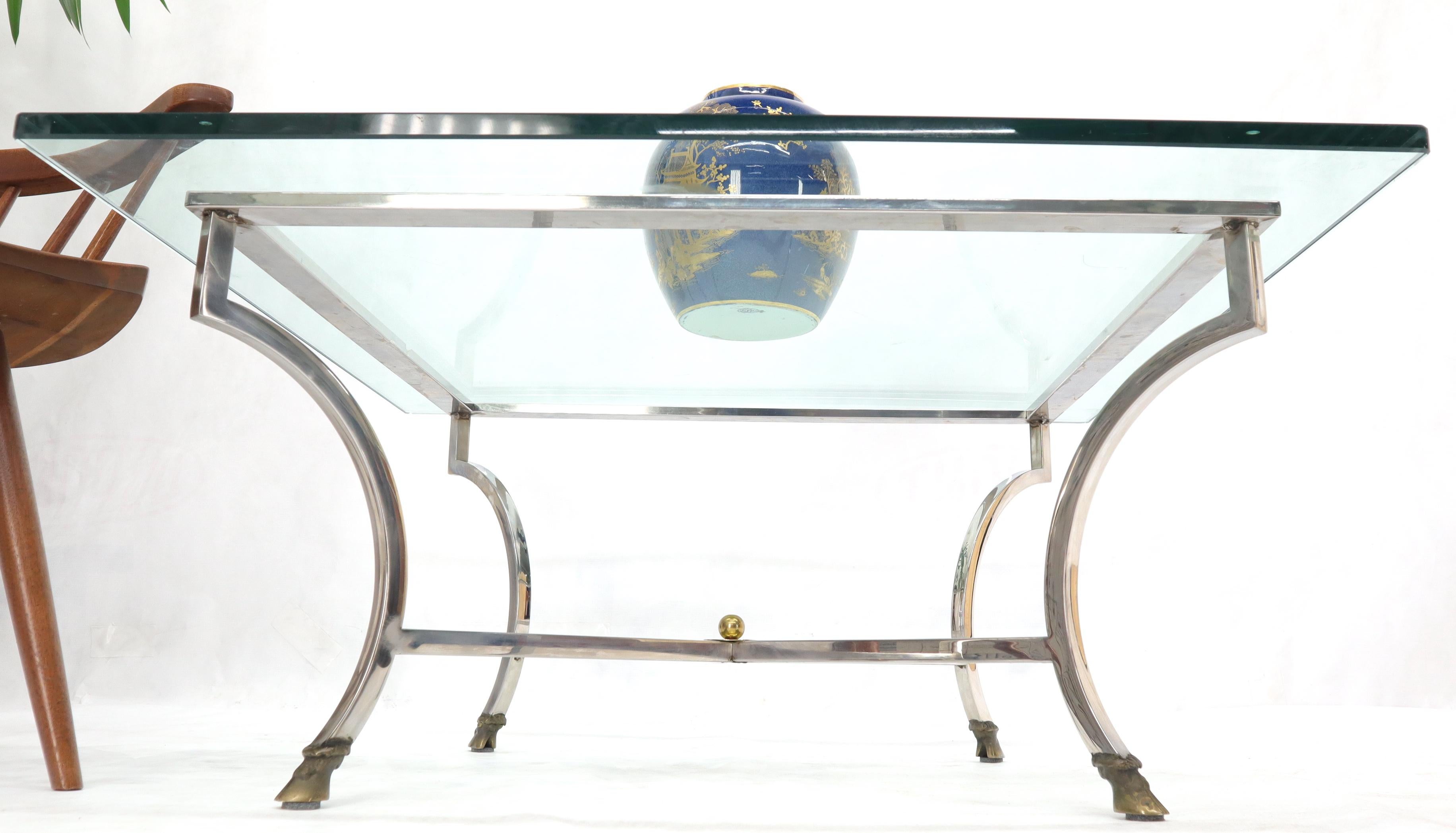 Square Chrome and Brass Hoof Feet Base Thick Glass Top Coffee Table For Sale 3
