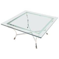 Square Chrome and Brass Hoof Feet Base Thick Glass Top Coffee Table