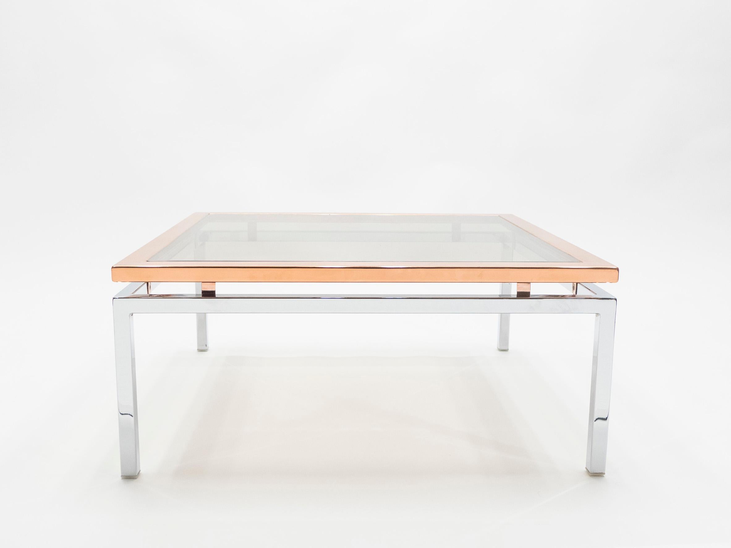 French Square Chrome Copper Coffee Table Guy Lefevre for Maison Jansen, 1970s